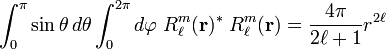 
\int_{0}^{\pi}\sin\theta\, d\theta \int_0^{2\pi} d\varphi\; R^m_{\ell}(\mathbf{r})^*\; R^m_{\ell}(\mathbf{r}) 
=  \frac{4\pi}{2\ell+1} r^{2\ell}
