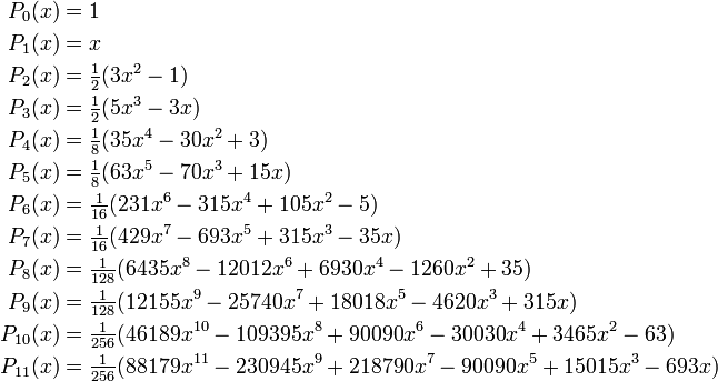  \begin{align} P_0(x) &= 1 \\ P_1(x) &= x \\ P_2(x) &= \tfrac{1}{2}(3x^2-1)\\ P_3(x) &= \tfrac{1}{2}(5x^3 -3x)\\                                P_4(x) &= \tfrac{1}{8}(35x^4- 30x^2 + 3)\\ P_5(x) &= \tfrac{1}{8}(63x^5- 70x^3 + 15x)\\ P_6(x) &= \tfrac{1}{16}(231x^6- 315x^4 + 105x^2 -5)\\ P_7(x) &= \tfrac{1}{16}(429x^7- 693x^5 + 315x^3 -35x)\\ P_8(x) &= \tfrac{1}{128}(6435x^8-  12012x^6 + 6930x^4 -1260x^2 + 35)\\ P_9(x) &= \tfrac{1}{128}(12155x^9-  25740x^7 + 18018x^5 -4620x^3 + 315x)\\ P_{10}(x) &= \tfrac{1}{256}(46189 x^{10}-  109395x^8 + 90090x^6 - 30030x^4 + 3465x^2 - 63 )\\ P_{11}(x) &= \tfrac{1}{256}( 88179x^{11}-  230945x^9 + 218790x^7 - 90090x^5 + 15015x^3 - 693x )\\ \end{align} 