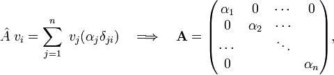 
\hat{A}\; v_i = \sum_{j=1}^n \;v_j (\alpha_j \delta_{ji})  \quad\Longrightarrow\quad
\mathbf{A}=
\begin{pmatrix} 
\alpha_1 & 0        & \cdots & 0 \\
0        &\alpha_2  & \cdots     \\
\cdots   &         & \ddots      \\
0        &          &         &\alpha_n \\
\end{pmatrix},
