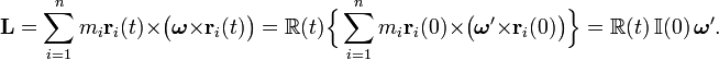  \mathbf{L} =\sum_{i=1}^n m_i \mathbf{r}_i(t)\times \big(\boldsymbol{\omega}\times \mathbf{r}_i(t)\big) = \mathbb{R}(t)\Big\{\sum_{i=1}^n m_i \mathbf{r}_i(0) \times\big( \boldsymbol{\omega}' \times \mathbf{r}_i(0) \big) \Big\} =  \mathbb{R}(t) \, \mathbb{I}(0)\, \boldsymbol{\omega}'. 