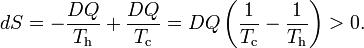 
dS = -\frac{DQ}{T_\mathrm{h}} + \frac{DQ}{T_\mathrm{c}} = DQ\left( \frac{1}{T_\mathrm{c}} - \frac{1}{T_\mathrm{h}}\right) > 0.
