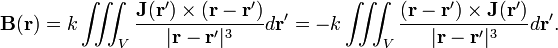  
\mathbf{B}(\mathbf{r}) = k \iiint_{V} \frac{\mathbf{J}(\mathbf{r}') \times (\mathbf{r}-\mathbf{r'})} {|\mathbf{r}-\mathbf{r'}|^3}d\mathbf{r'} = -k \iiint_{V} \frac{(\mathbf{r}-\mathbf{r'}) \times \mathbf{J}(\mathbf{r}')} {|\mathbf{r}-\mathbf{r'}|^3}d\mathbf{r'}. 
