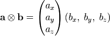  \mathbf{a}\otimes\mathbf{b} = \begin{pmatrix} a_x\\ a_y \\ a_z \end{pmatrix} \left(b_x,\;b_y,\; b_z\right) 