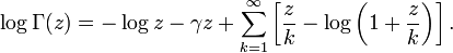 \log \Gamma(z) = -\log z -\gamma z + \sum_{k=1}^\infty \left[ \frac{z}{k} - \log\left(1+\frac{z}{k}\right) \right].