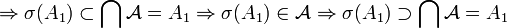 
          \Rightarrow  \sigma (A_1) \subset \bigcap \mathcal A = A_1
          \Rightarrow  \sigma(A_1) \in \mathcal A
          \Rightarrow  \sigma (A_1) \supset \bigcap \mathcal A = A_1
 