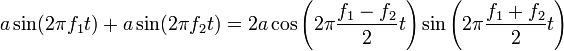 a\sin(2\pi f_1t)+a\sin(2\pi f_2t)=2a\cos\left(2\pi\frac{f_1-f_2}{2}t\right)\sin\left(2\pi\frac{f_1+f_2}{2}t\right)