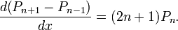   \frac{d \big(P_{n+1} - P_{n-1}\big)}{dx} = (2n+1) P_n . 