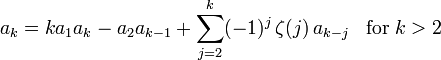 a_k = k a_1 a_k - a_2 a_{k-1} + \sum_{j=2}^k (-1)^j \, \zeta(j) \, a_{k-j} \;\;\; \mathrm{for}\; k > 2