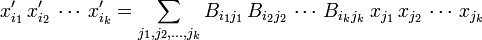 
x'_{i_1}\,x'_{i_2}\,\cdots\, x'_{i_k} = \sum_{j_1, j_2, \ldots, j_k}
B_{i_1j_1}\,B_{i_2j_2}\, \cdots\,B_{i_kj_k} \;x_{j_1}\,x_{j_2}\,\cdots\, x_{j_k} 
