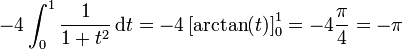 
-4\int_0^1 \frac{1}{1+t^2} \, \mathrm{d}t = -4\left[ \arctan(t) \right]^1_0 = -4\frac{\pi}{4} = -\pi
