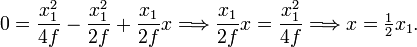 
0 = \frac{x_1^2}{4f} - \frac{x_1^2}{2f} + \frac{x_1}{2f} x
\Longrightarrow \frac{x_1}{2f} x = \frac{x_1^2}{4f} \Longrightarrow x = \tfrac{1}{2}x_1.
