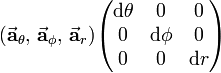 
(\vec\mathbf{a}_\theta, \, \vec\mathbf{a}_\phi, \, \vec\mathbf{a}_r) 
\begin{pmatrix}
\text{d}\theta &  0         & 0 \\
0         & \text{d}\phi  & 0 \\
0         & 0          & \text{d}r \\
\end{pmatrix}
