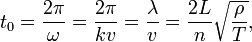 
t_0 = \frac{2\pi}{\omega} = \frac{2\pi}{k v} = \frac{\lambda}{v} = \frac{2L}{n} \sqrt{\frac{\rho}{T}},
