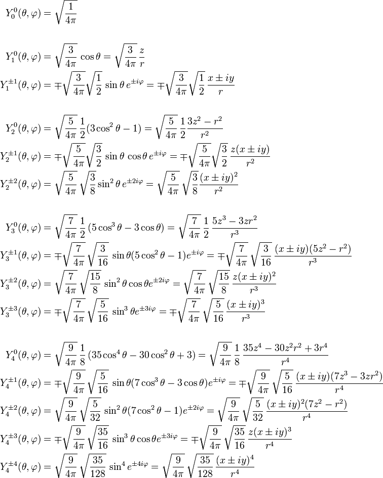
\begin{align}
Y_{0}^{0}(\theta,\varphi)&=\sqrt{1\over 4\pi}\\
& \\
Y_{1}^{0}(\theta,\varphi)&=\sqrt{3\over 4\pi}\, \cos\theta = \sqrt{3\over 4\pi}\, \frac{z}{r} \\
Y_{1}^{\pm1 }(\theta,\varphi)&=\mp \sqrt{3\over 4\pi}\sqrt{\frac{1}{2}} \, \sin\theta \, e^{\pm i\varphi} = \mp \sqrt{3\over 4\pi}\sqrt{\frac{1}{2}} \,\frac{x\pm iy}{r} \\
& \\
Y_{2}^{0}(\theta,\varphi)&=\sqrt{5\over 4\pi}\, \frac{1}{2}(3\cos^{2}\theta-1)=\sqrt{5\over 4\pi}\, \frac{1}{2}\frac{3z^2-r^2}{r^2}\\
Y_{2}^{\pm1}(\theta,\varphi)&=\mp\sqrt{5\over 4\pi}\sqrt{\frac{3}{2}}\, \sin\theta\,\cos\theta\, e^{\pm i\varphi}=\mp\sqrt{5\over 4\pi}\sqrt{\frac{3}{2}}\, \frac{z(x\pm iy)}{r^2}\\
Y_{2}^{\pm2}(\theta,\varphi)&=\sqrt{5\over 4\pi}\,\sqrt{\frac{3}{8}} \sin^{2}\theta \, e^{\pm2i\varphi} = \sqrt{5\over 4\pi}\,\sqrt{\frac{3}{8}} \frac{(x\pm iy)^2}{r^2} \\
& \\
Y_{3}^{0}(\theta,\varphi)&=\sqrt{\frac{7}{4\pi}}\,\frac{1}{2}\, (5\cos^{3}\theta-3\cos\theta)= \sqrt{\frac{7}{4\pi}}\,\frac{1}{2}\, \frac{5z^3 -3zr^2}{r^3} \\
Y_{3}^{\pm1}(\theta,\varphi)&=\mp\sqrt{\frac{7}{4\pi}}\,\sqrt{\frac{3}{16}}\, \sin\theta(5\cos^{2}\theta-1)e^{\pm i\varphi}= \mp\sqrt{\frac{7}{4\pi}}\,\sqrt{\frac{3}{16}}\,\frac{(x\pm i y)(5z^2-r^2)}{r^3} \\
Y_{3}^{\pm2}(\theta,\varphi)&=\sqrt{\frac{7}{4\pi}}\,\sqrt{\frac{15}{8}}\, \sin^2\theta\cos\theta e^{\pm 2i\varphi}= \sqrt{\frac{7}{4\pi}}\,\sqrt{\frac{15}{8}}\,\frac{z(x\pm i y)^2}{r^3} \\
Y_{3}^{\pm3}(\theta,\varphi)&=\mp\sqrt{\frac{7}{4\pi}}\,\sqrt{\frac{5}{16}}\, \sin^3\theta e^{\pm 3i\varphi}= \mp\sqrt{\frac{7}{4\pi}}\,\sqrt{\frac{5}{16}}\,\frac{(x\pm i y)^3}{r^3} \\
&\\
Y_{4}^{0}(\theta,\varphi)&=\sqrt{\frac{9}{4\pi}}\,\frac{1}{8}\, (35\cos^{4}\theta-30\cos^2\theta+3)= \sqrt{\frac{9}{4\pi}}\,\frac{1}{8}\, \frac{35z^4 -30z^2r^2+3r^4}{r^4} \\
Y_{4}^{\pm1}(\theta,\varphi)&=\mp\sqrt{\frac{9}{4\pi}}\,\sqrt{\frac{5}{16}}\, \sin\theta(7\cos^3\theta-3\cos\theta) e^{\pm i\varphi}= \mp\sqrt{\frac{9}{4\pi}}\,\sqrt{\frac{5}{16}}\,\frac{(x\pm i y)(7z^3-3zr^2)}{r^4} \\
Y_{4}^{\pm2}(\theta,\varphi)&=\sqrt{\frac{9}{4\pi}}\,\sqrt{\frac{5}{32}}\, \sin^2\theta(7\cos^2\theta-1) e^{\pm 2i\varphi}= \sqrt{\frac{9}{4\pi}}\,\sqrt{\frac{5}{32}}\,\frac{(x\pm i y)^2(7z^2-r^2)}{r^4} \\
Y_{4}^{\pm3}(\theta,\varphi)&=\mp\sqrt{\frac{9}{4\pi}}\,\sqrt{\frac{35}{16}}\, \sin^3\theta\cos\theta e^{\pm 3i\varphi}= \mp\sqrt{\frac{9}{4\pi}}\,\sqrt{\frac{35}{16}}\,\frac{z(x\pm i y)^3}{r^4} \\
Y_{4}^{\pm4}(\theta,\varphi)&=\sqrt{\frac{9}{4\pi}}\,\sqrt{\frac{35}{128}}\, \sin^4 e^{\pm 4i\varphi}= \sqrt{\frac{9}{4\pi}}\,\sqrt{\frac{35}{128}}\,\frac{(x\pm i y)^4}{r^4} \\

\end{align}
