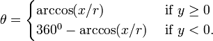 
\theta = 
\begin{cases}
\arccos(x/r)         & \hbox{ if } y \ge 0 \\
360^0 - \arccos(x/r) & \hbox{ if } y < 0 .\\
\end{cases}
