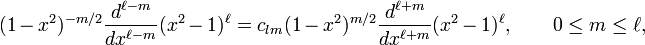  (1-x^2)^{-m/2} \frac{d^{\ell-m}}{dx^{\ell-m}} (x^2-1)^{\ell} = c_{lm} (1-x^2)^{m/2}  \frac{d^{\ell+m}}{dx^{\ell+m}}(x^2-1)^{\ell},\qquad   0 \le m \le \ell, 