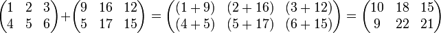 \begin{pmatrix}
1 & 2 & 3 \\
4 & 5 & 6
\end{pmatrix} + \begin{pmatrix}
9 & 16 & 12 \\
5 & 17 & 15
\end{pmatrix} = \begin{pmatrix}
(1 + 9) & (2 + 16) & (3 + 12) \\
(4 + 5) & (5 + 17) & (6 + 15)
\end{pmatrix} = \begin{pmatrix}
10 & 18 & 15 \\
9 & 22 & 21
\end{pmatrix}