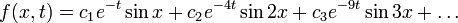 f(x,t) = c_1 e^{-t} \sin x + c_2 e^{-4t} \sin 2x + c_3 e^{-9t} \sin 3x + \dots