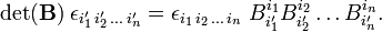 
\det(\mathbf{B})\; \epsilon_{i'_1\,i'_2\,\ldots\,i'_n}  =
\epsilon_{i_1\,i_2\,\ldots\,i_n}\; B^{i_1}_{i'_1} B^{i_2}_{i'_2} \ldots B^{i_n}_{i'_n}.
