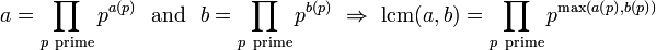  a = \prod_{p\ \rm prime} p^{a(p)} \ \textrm{\ and\ }\ b = \prod_{p\ \rm prime} p^{b(p)} \ \Rightarrow \  \mathop{\rm lcm}(a,b) = \prod_{p\ \rm prime} p^{\max(a(p),b(p))} 