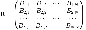  \mathbf{B} =    \begin{pmatrix} B_{1,1} & B_{1,2} & \cdots & B_{1,N} \\ B_{2,1} & B_{2,2} & \cdots & B_{2,N} \\ \cdots  & \cdots & \cdots & \cdots \\ B_{N,1} & B_{N,2} & \cdots & B_{N,N} \\ \end{pmatrix}. 