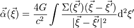 \vec{\hat{\alpha}}(\vec{\xi}) = \frac{4 G}{c^2}\int \frac{\Sigma(\vec{\xi}')(\vec{\xi}-\vec{\xi}')}{|\vec{\xi}-\vec{\xi}'|^2} \mathrm{d}^2 \xi'