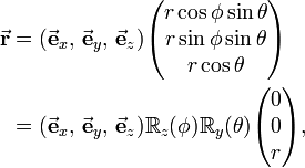 
\begin{align}
\vec\mathbf{r} &= (\vec\mathbf{e}_x, \, \vec\mathbf{e}_y, \, \vec\mathbf{e}_z)
 \begin{pmatrix}
r\cos\phi\sin\theta \\
r\sin\phi\sin\theta \\
r\cos\theta  \\
\end{pmatrix} \\
&=
(\vec\mathbf{e}_x, \, \vec\mathbf{e}_y, \, \vec\mathbf{e}_z) \mathbb{R}_z(\phi) \mathbb{R}_y(\theta)
 \begin{pmatrix}
  0 \\
  0 \\
  r \\ 
\end{pmatrix},
\end{align}
