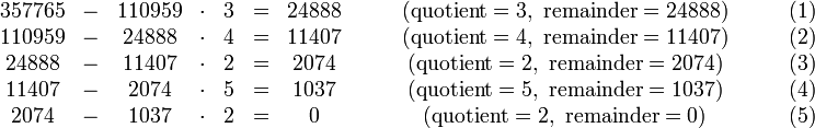  
\begin{matrix}
357765 & - & 110959 & \cdot & 3 & = & 24888 & {}\qquad(\mbox{quotient} = 3, \mbox{ remainder} = 24888) & {}\qquad (1)  \\
110959 & - & 24888  & \cdot & 4 & = & 11407 & {}\qquad(\mbox{quotient} = 4, \mbox{ remainder} = 11407) & {}
\qquad (2) \\
24888 & - & 11407   & \cdot & 2 & = & 2074 & {}\qquad(\mbox{quotient} = 2, \mbox{ remainder} = 2074) & {} \qquad (3) \\
11407 & - & 2074    & \cdot & 5 & = & 1037 & {}\qquad(\mbox{quotient} = 5, \mbox{ remainder} = 1037) & {} \qquad (4) \\
2074 & - & 1037     & \cdot & 2 & = & 0 & {}\qquad(\mbox{quotient} = 2, \mbox{ remainder} = 0) & {} \qquad (5)
\end{matrix}
