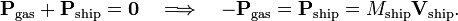  \mathbf{P}_\textrm{gas} + \mathbf{P}_\textrm{ship} = \mathbf{0}\quad\Longrightarrow\quad  -\mathbf{P}_\textrm{gas} =  \mathbf{P}_\textrm{ship}= M_\textrm{ship}\mathbf{V}_\textrm{ship}. 