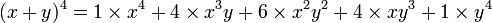  (x+y)^4 = 1 \times x^4 + 4 \times x^3y + 6 \times x^2y^2 + 4 \times xy^3  + 1 \times y^4 