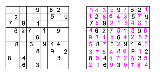 The diagram on the left shows puzzle ready for filling in. On the right, same puzzle is finished: magenta digits filled in.